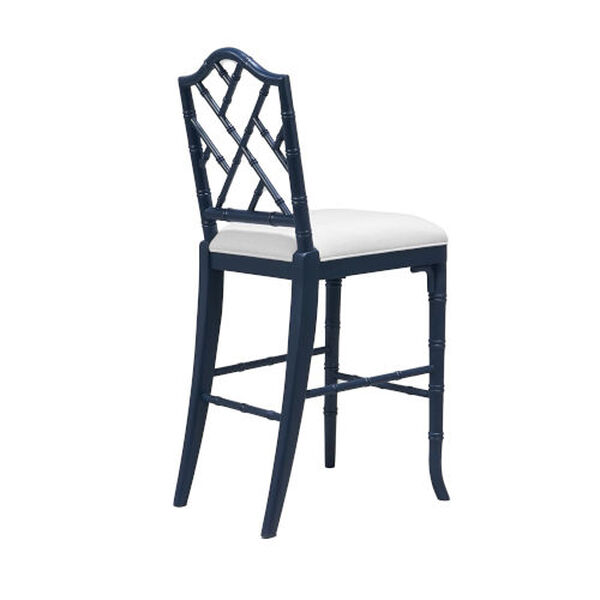 Annette Matte Navy Lacquer White Linen Chippendale Style Bamboo Counter Stool, image 2